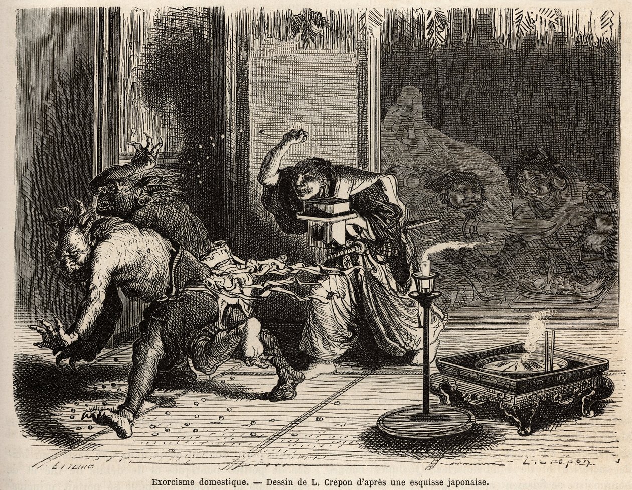 Een huiselijk exorcisme, ceremonie van de oni arahi, het hoofd van het huis gekleed in zijn mooiste kleren, zwaard aan de riem, loopt om middernacht door de kamers van zijn huis en gooit geroosterde bonen om demonen te verjagen en de god van rijkdom en zij door Unknown artist