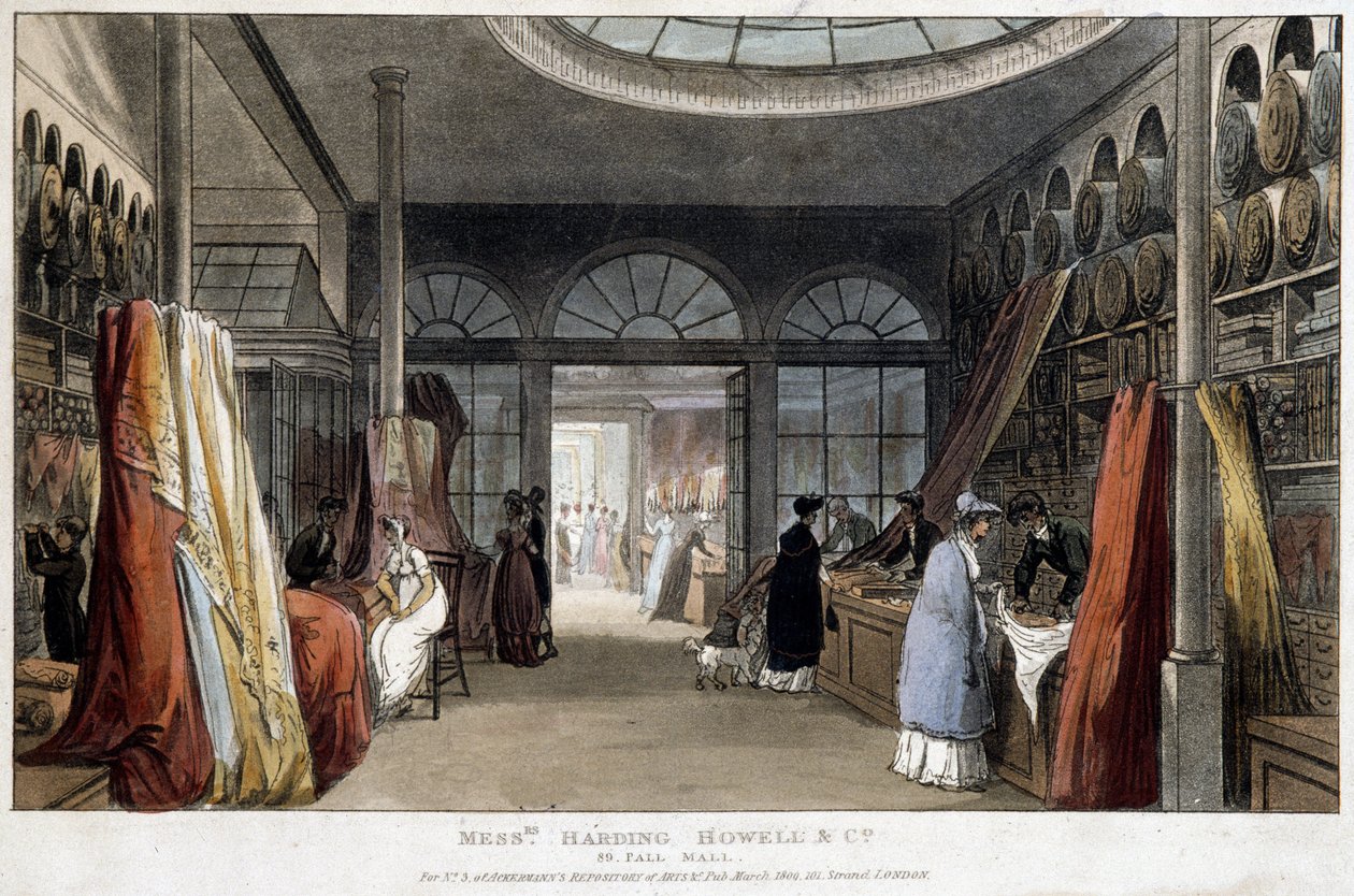 Een stoffenwinkel in Londen (Engeland) - Lithografie rond 1800 door Unknown artist