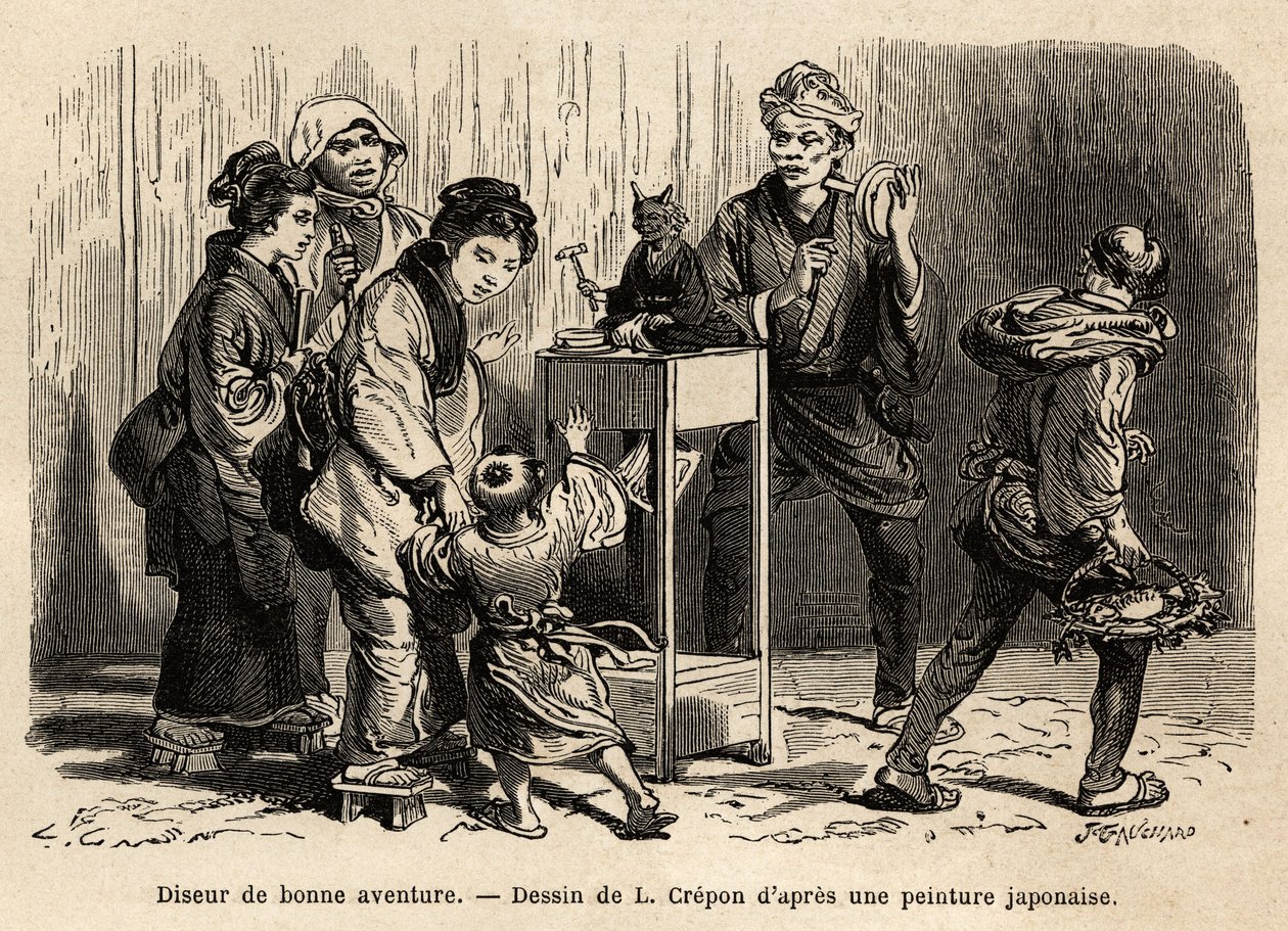 Een waarzegger in de straten van Edo (nu Tokio). Gravure ter illustratie van de reis naar Japan, door Aime Humbert, minister van de Zwitserse Confederatie, in 1863-1864, gepubliceerd in Le tour du monde, onder leiding van Edouard Charton, Hachette, Parijs door Unknown artist