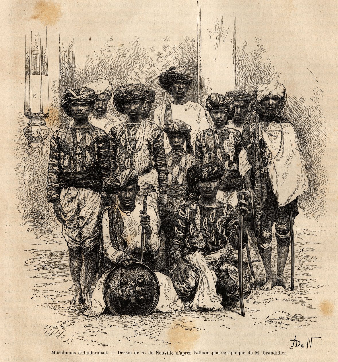 Een groep moslimmannen in Haiderabad, Pakistan. Gravure ter illustratie van de reis in de zuidelijke provincies van India, door Alfred Grandidier, in 1862-1864, gepubliceerd in 