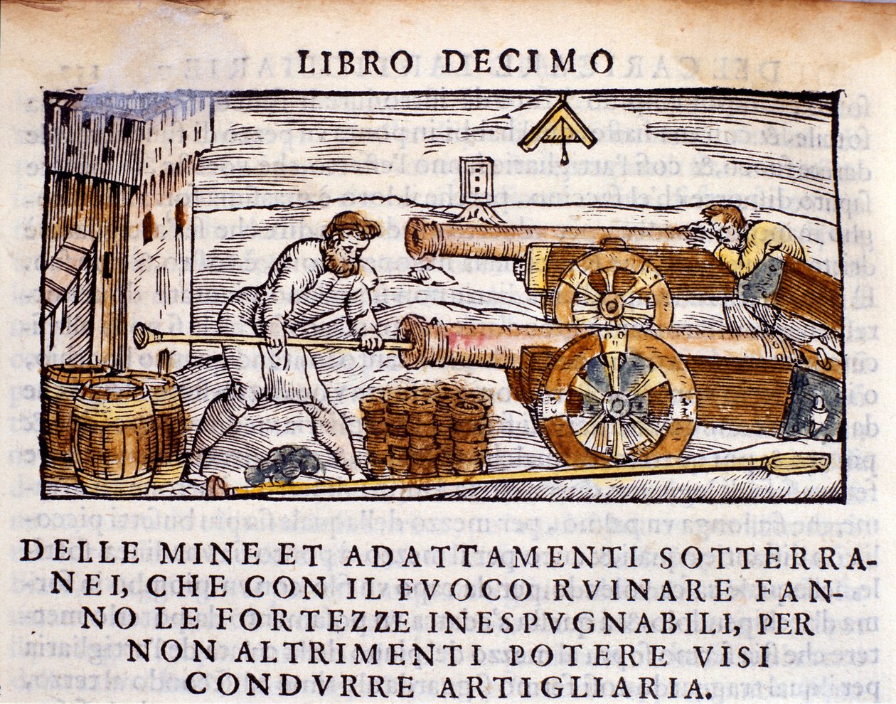 Een kanonnier die een kanon met explosieven laadt. Gravure uit 
