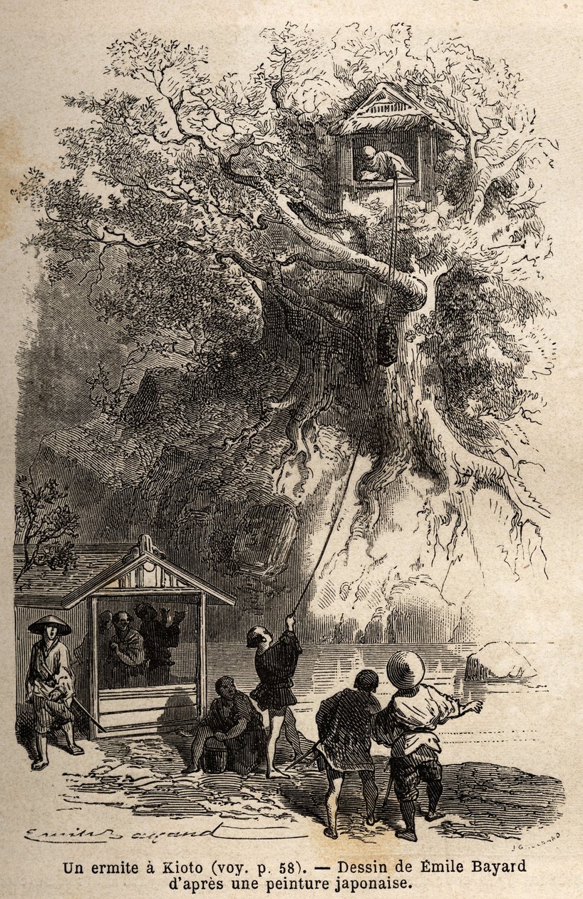 Een kluizenaar in Kyoto, geïsoleerd in een hut genesteld in de takken van een boom op een klein eiland. De kluizenaar kan alleen rekenen op de vrijgevigheid van de inwoners van de regio die hem van voedsel voorzien. Tegenover zijn boom verwelkomt een klei door Unknown artist