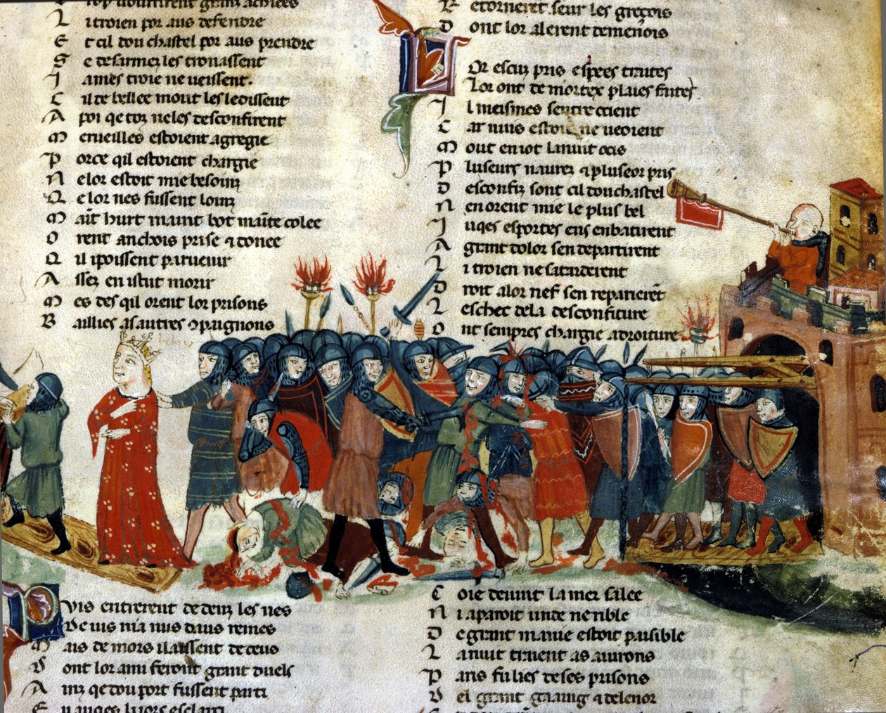 Een koning wordt gevangengenomen en meegenomen door het vijandelijke leger terwijl de slachtoffers van de slag op de grond liggen. Miniatuur van de “Roman de Troy” door Benoit de Saint Maure. 14e eeuw Biblioteca Marciana, Venetië door Unknown artist