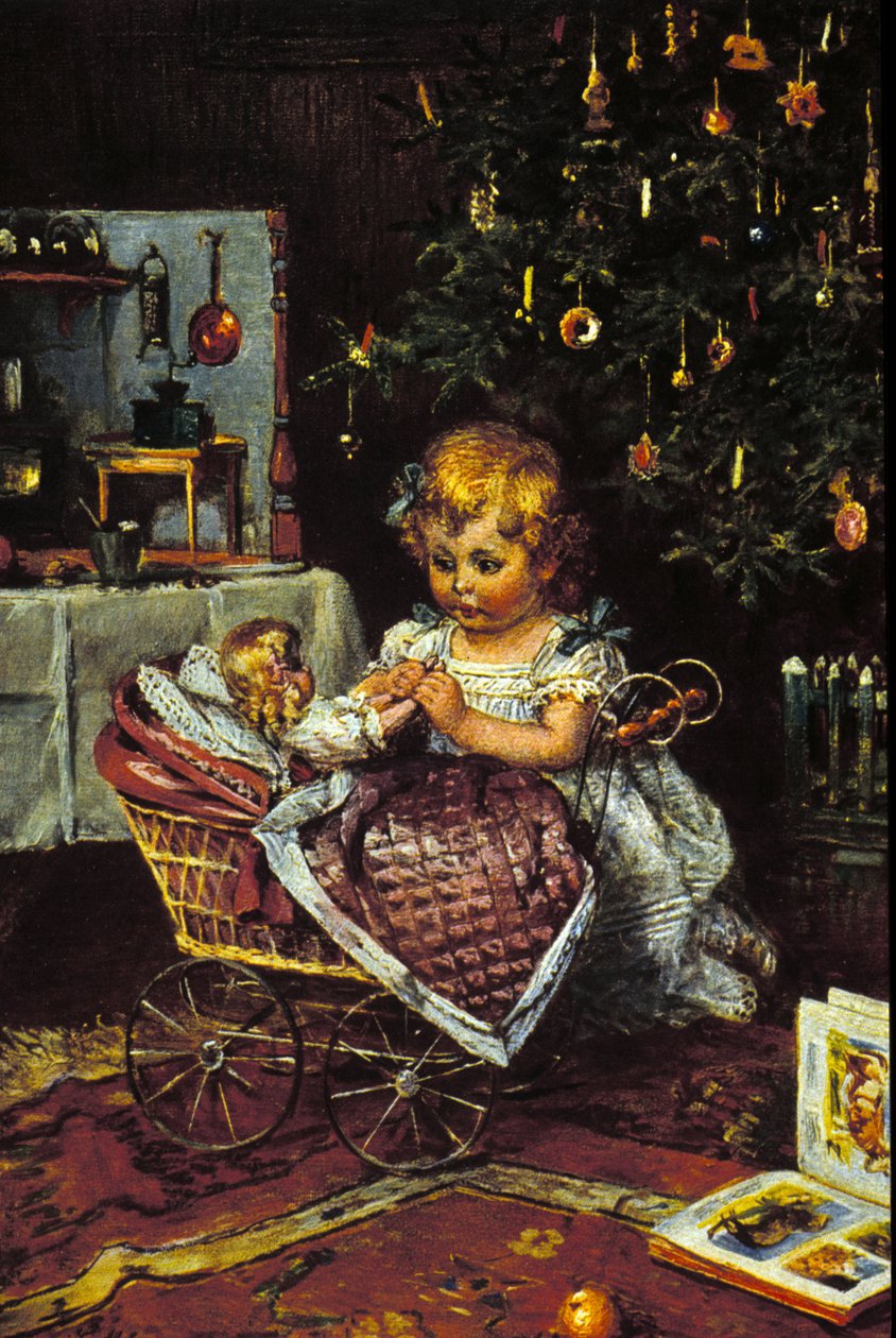 Een klein meisje ontdekt de pop en de kinderwagen onder de kerstboom. 19e eeuw door Unknown artist