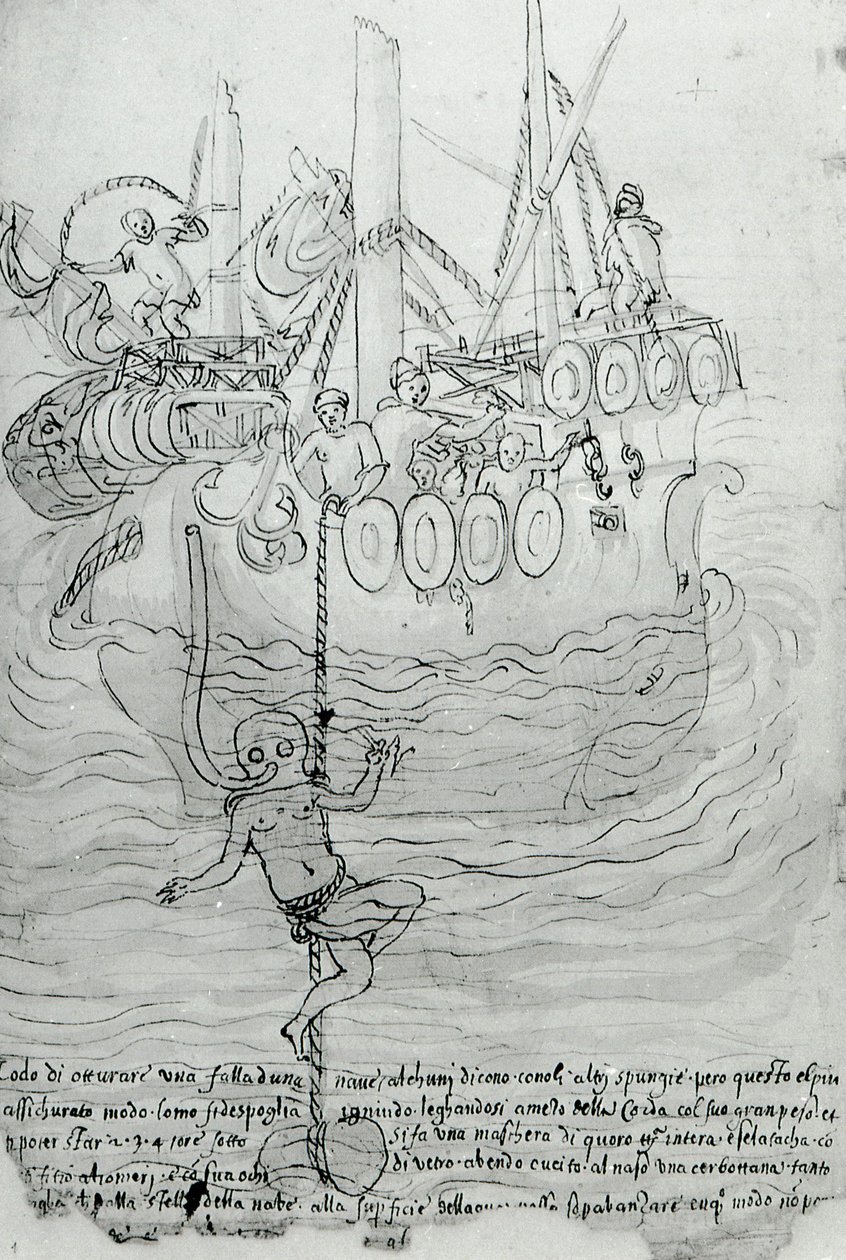 Een man probeert de romp van een boot te repareren met een masker. door Unknown artist