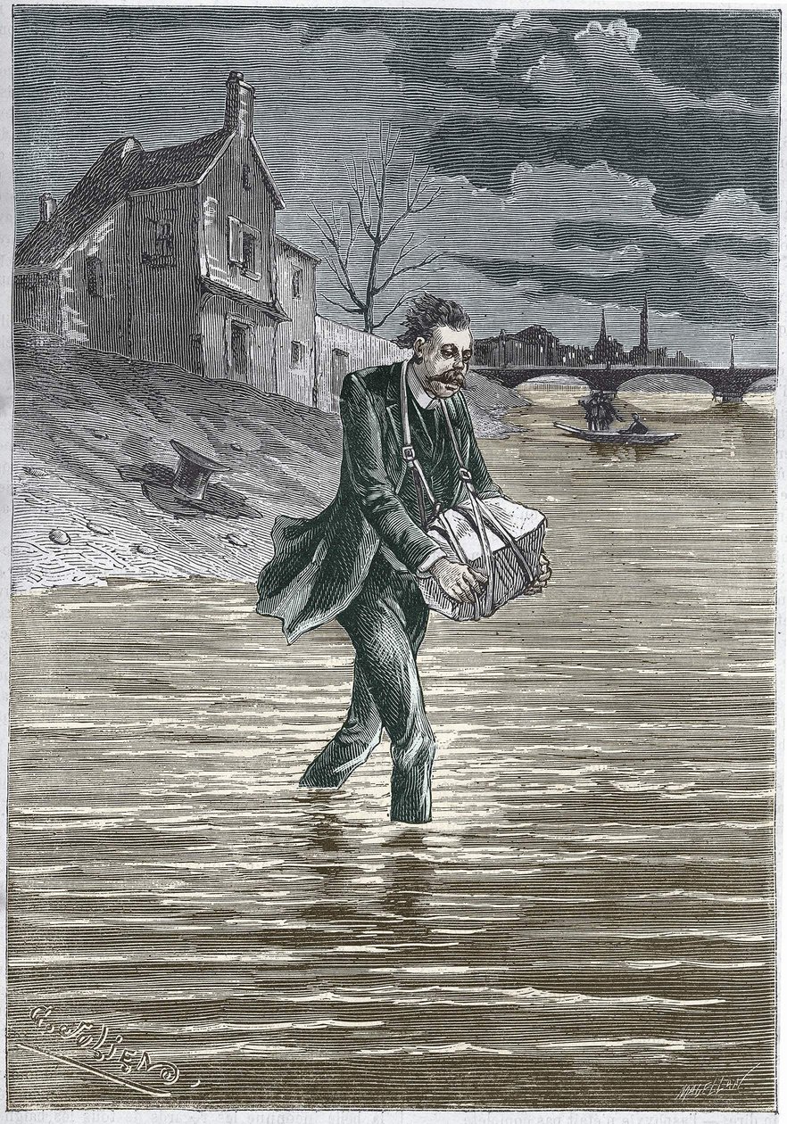 Een man die zichzelf doodt door zichzelf in het water te gooien, een steen om zijn nek, om zichzelf te verdrinken - gravure door Unknown artist