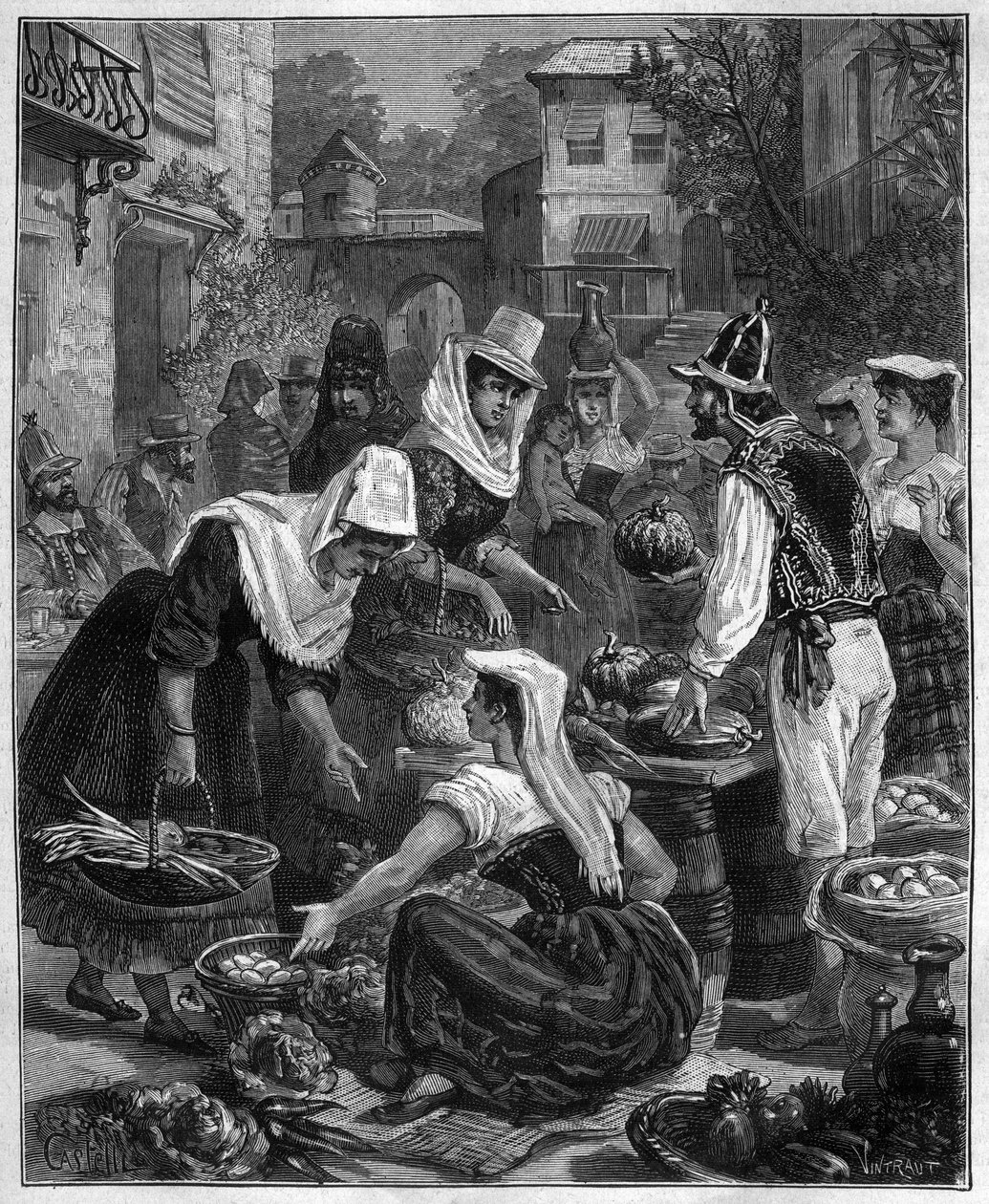 Een marktdag in Tenerife op de Canarische Eilanden in de Atlantische Oceaan - Een wandeldag in Tenerife op de Canarische Eilanden in de Atlantische Oceaan - gravure van 1888 door Unknown artist