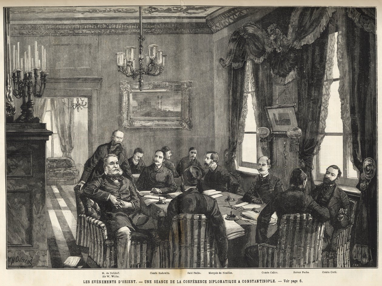 Een bijeenkomst van de Europese Conferentie van Constantinopel Servisch-Bulgaarse Oorlog, Turkije - Servisch-Bulgaarse Oorlog - Een bijeenkomst van de diplomatieke conferentie in Constantinopel - 1885 - in het illustere universum van 1886 (Alexander van Na door Unknown artist