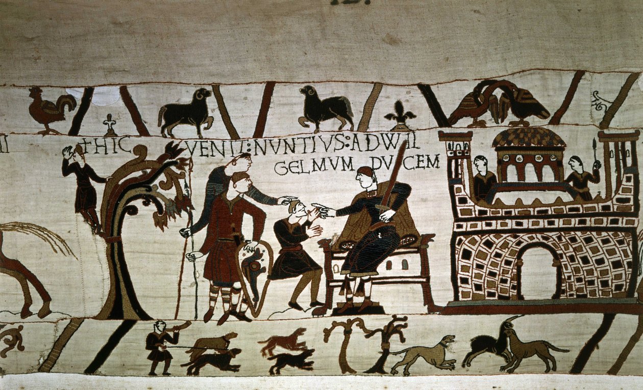 Een boodschapper naar Hertog Guillaume (1027 - 1087) - Tapijt van Bayeux, bekend als Borduurwerk van Koningin Mathilde door Unknown artist