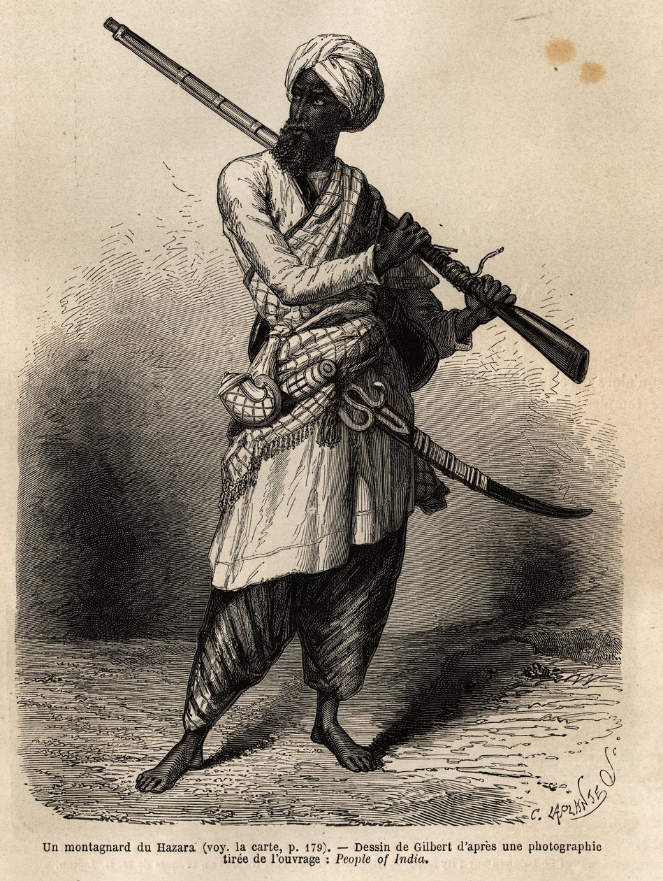Een bergbewoner uit Hazara (Punjab, India). Gravure ter illustratie van de reis naar Pandjab en Kashmir, verhaal door Guillaume Lejean, in 1866, gepubliceerd in 