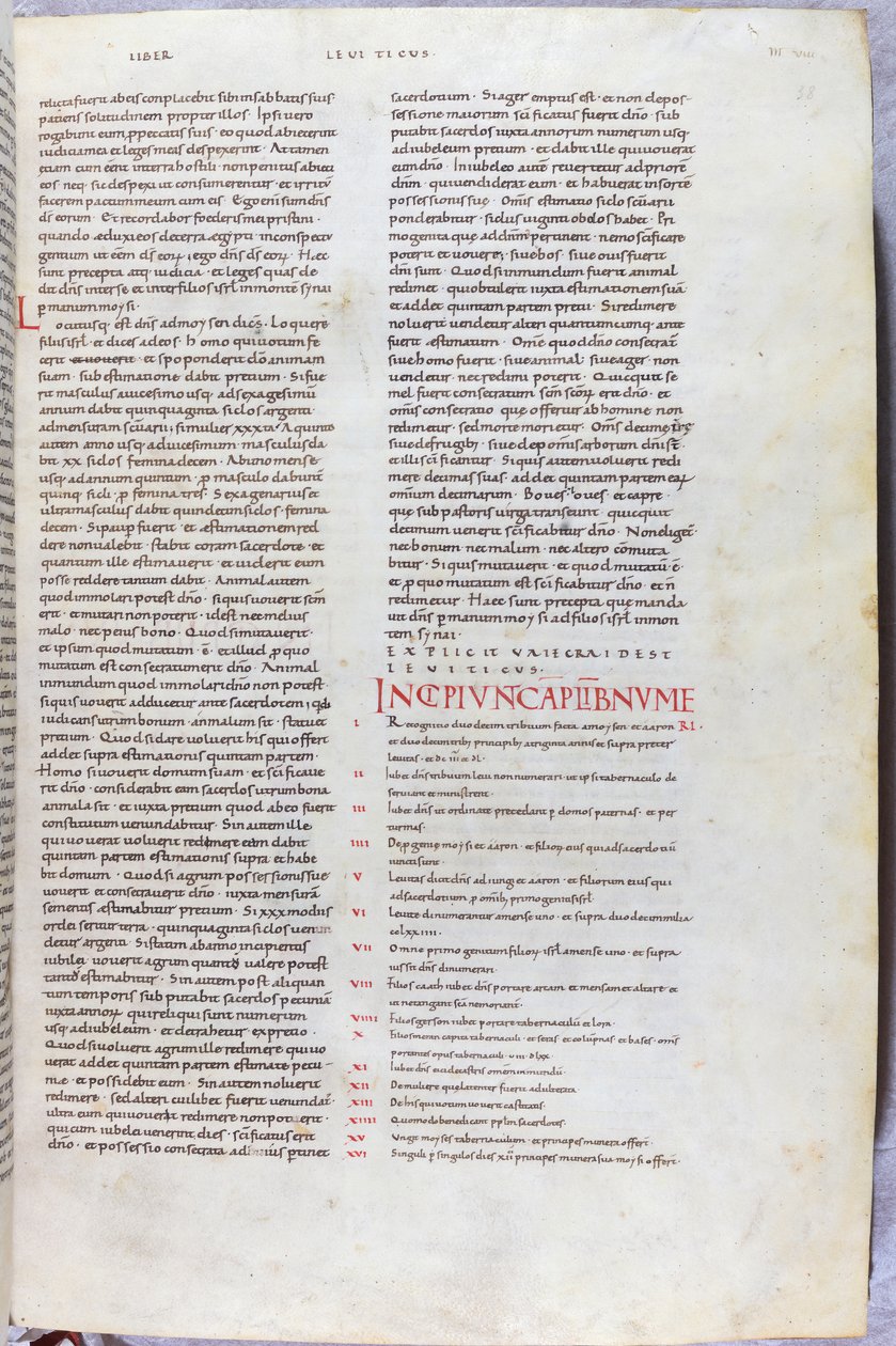 Een bladzijde uit de 11e eeuwse Bijbel met het incipit hoofdstuk van het Boek Numeri door Unknown artist
