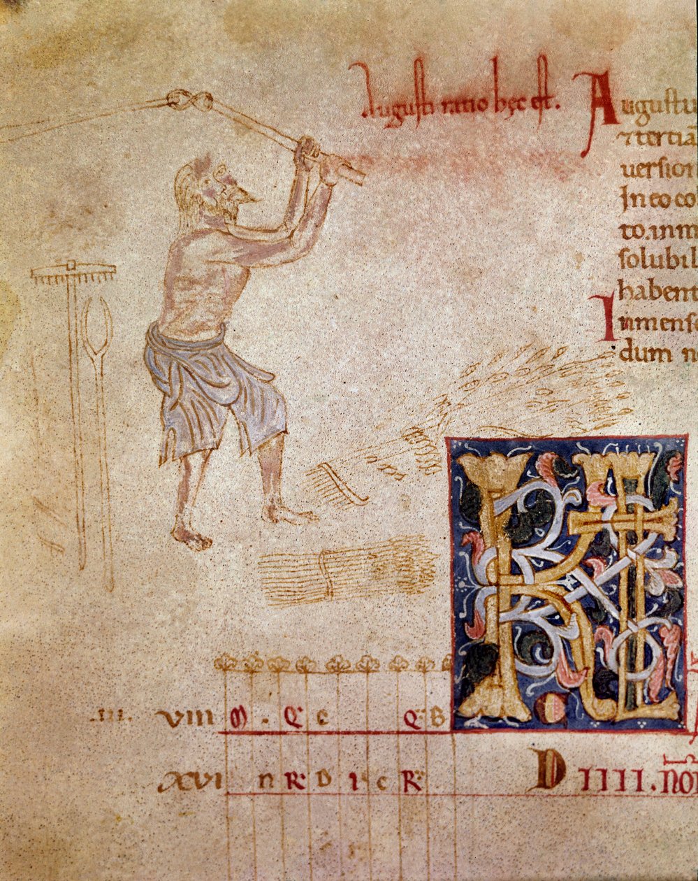 Een boer die het graan slaat, maand augustus (miniatuur) door Unknown artist
