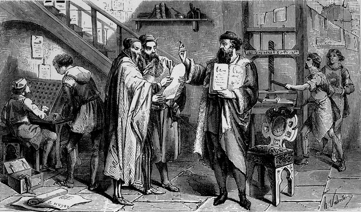 Een drukkerij in de 15e eeuw, gravure 19e eeuw door Unknown artist