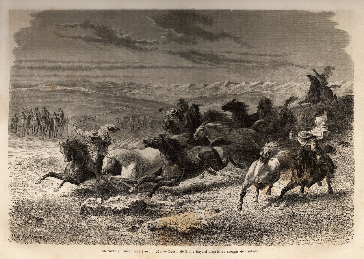Een rodeo in Lauramarca (Laag-Peru), de vangst van wilde paarden, voordat ze gemerkt worden met de initialen van de eigenaar van de regio, beschouwd als een compleet spektakel, veel toeschouwers verzameld. Gravure ter illustratie van de reis in de valleien door Unknown artist