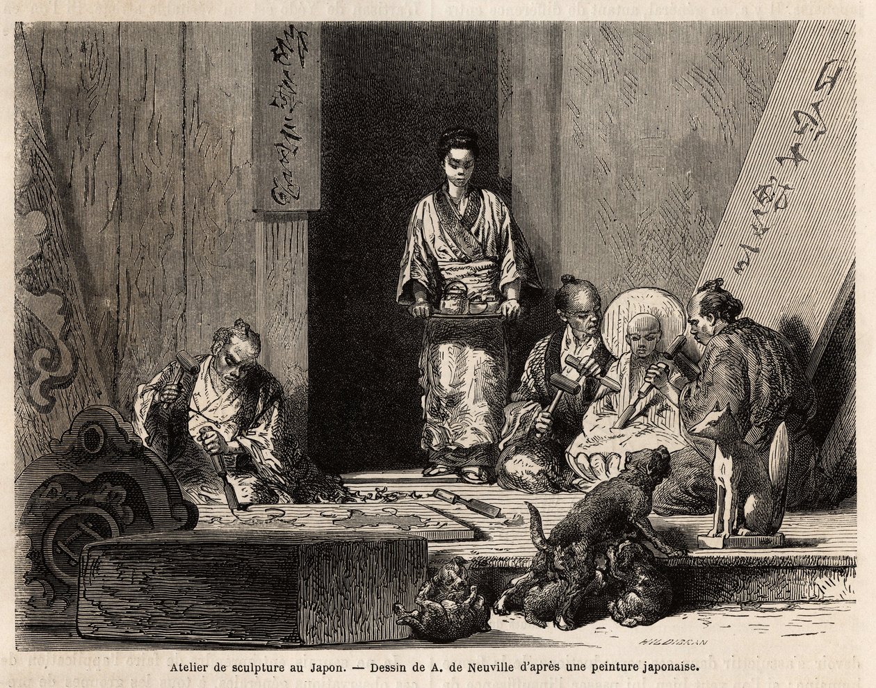 Een beeldhouwatelier in Yedo (of Edo, het huidige Tokio), graniet snoeien voor de vervaardiging van pilaren, beeldjes, kandelaars en grafstenen, evenals houtsnijwerk, voor de vervaardiging van altaarpanelen, decoratief houtsnijwerk, doodskisten en chimeris door Unknown artist