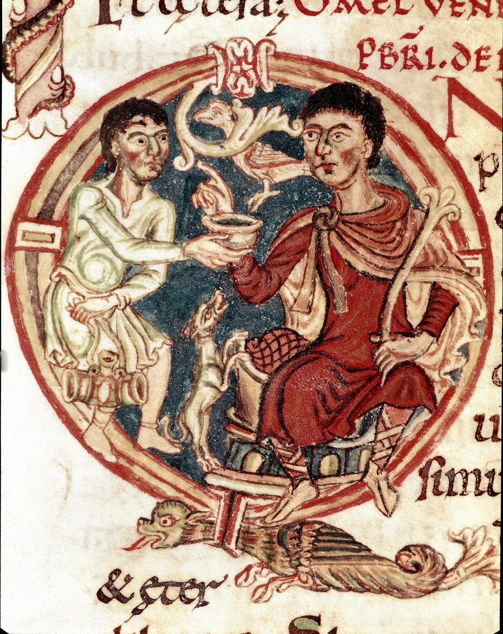 Een dienaar die de heer te drinken geeft (miniatuur uit Lectionaire de la Cathedrale de Reims, 11e eeuw) door Unknown artist