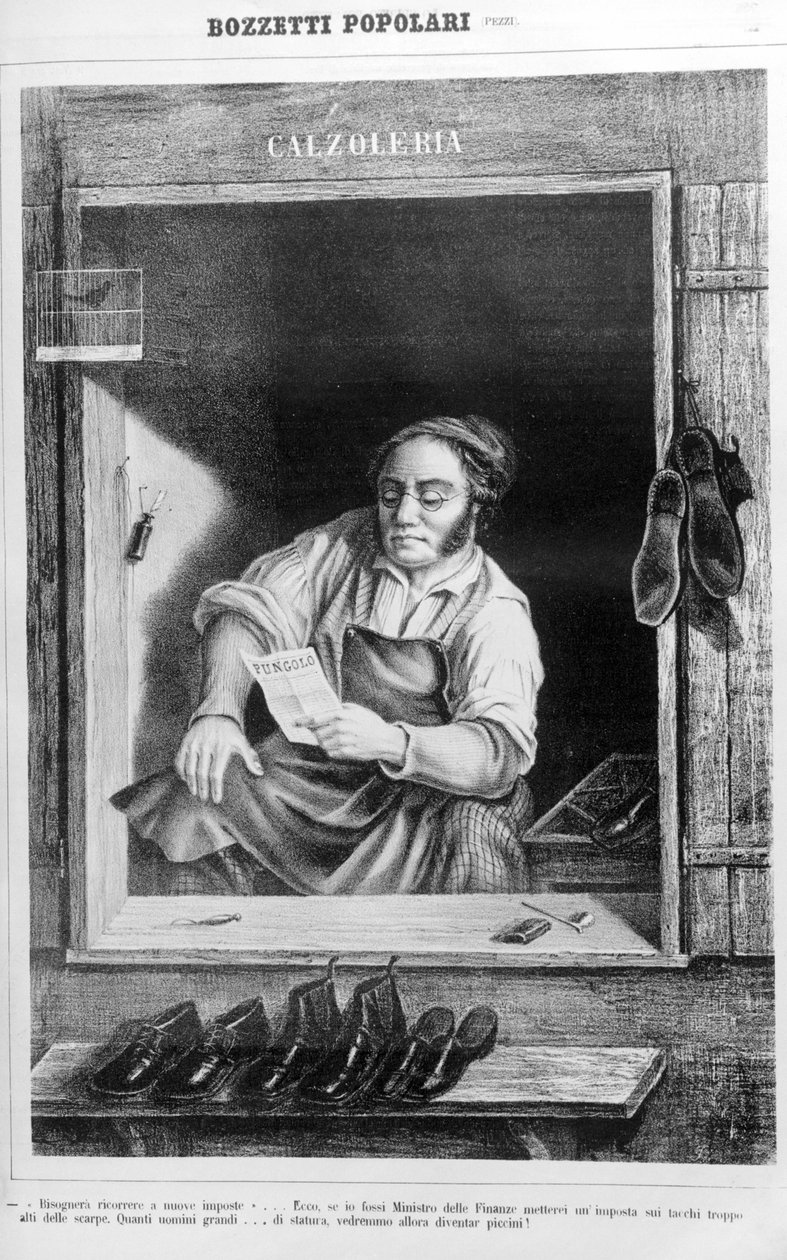 Een schoenmaker in de 19e eeuw: Als we de belastingen op hakken te hoog maken, hoeveel lange mannen zouden klein worden... door Unknown artist