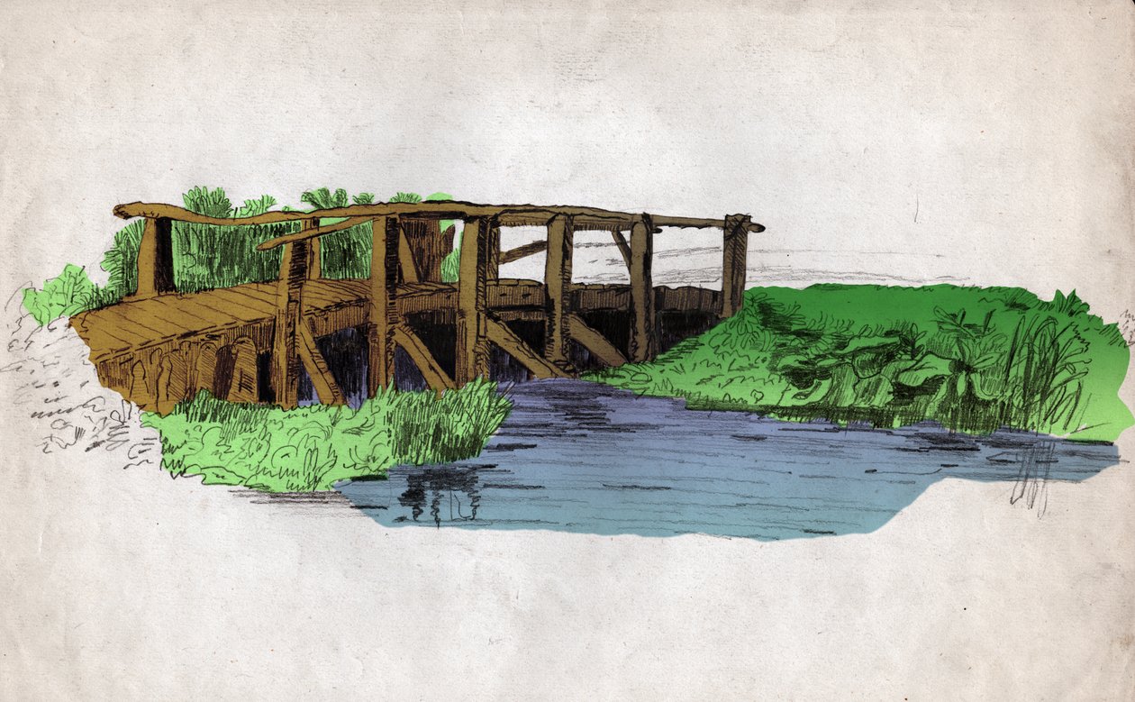 Een kleine houten brug over een rivier door Unknown artist