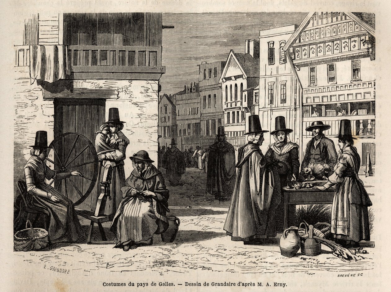 Een straat in Wales, met lokale bewoners gekleed in traditionele kostuums, en dagelijkse activiteiten: een gezin en vrouwen die wol spinnen met wielen. Gravure ter illustratie van een reis naar Wales, in 1862, door Alfred Erny, in 