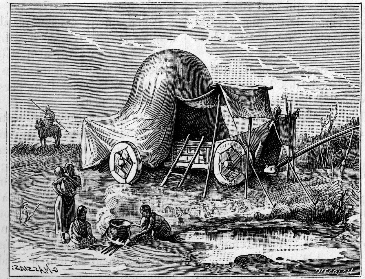 Een tent gemonteerd op een kar uit de tijd van de Galliërs. Gravure in 