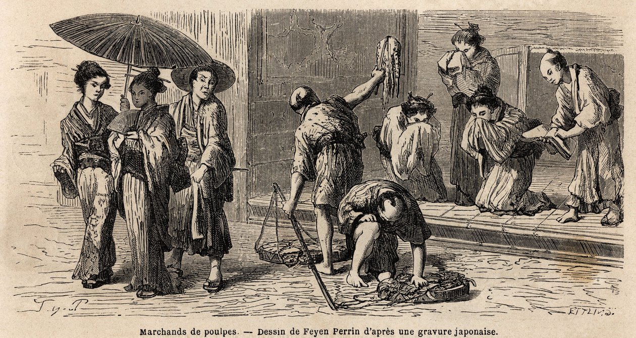 Een reizende octopusverkoper biedt zijn producten aan voorbijgangers aan, op Edo Street (of Yedo Street, nu Tokio). Gravure ter illustratie van de reis naar Japan, in 1863-1864, door Aimé Humbert, minister van de Zwitserse Confederatie, in 