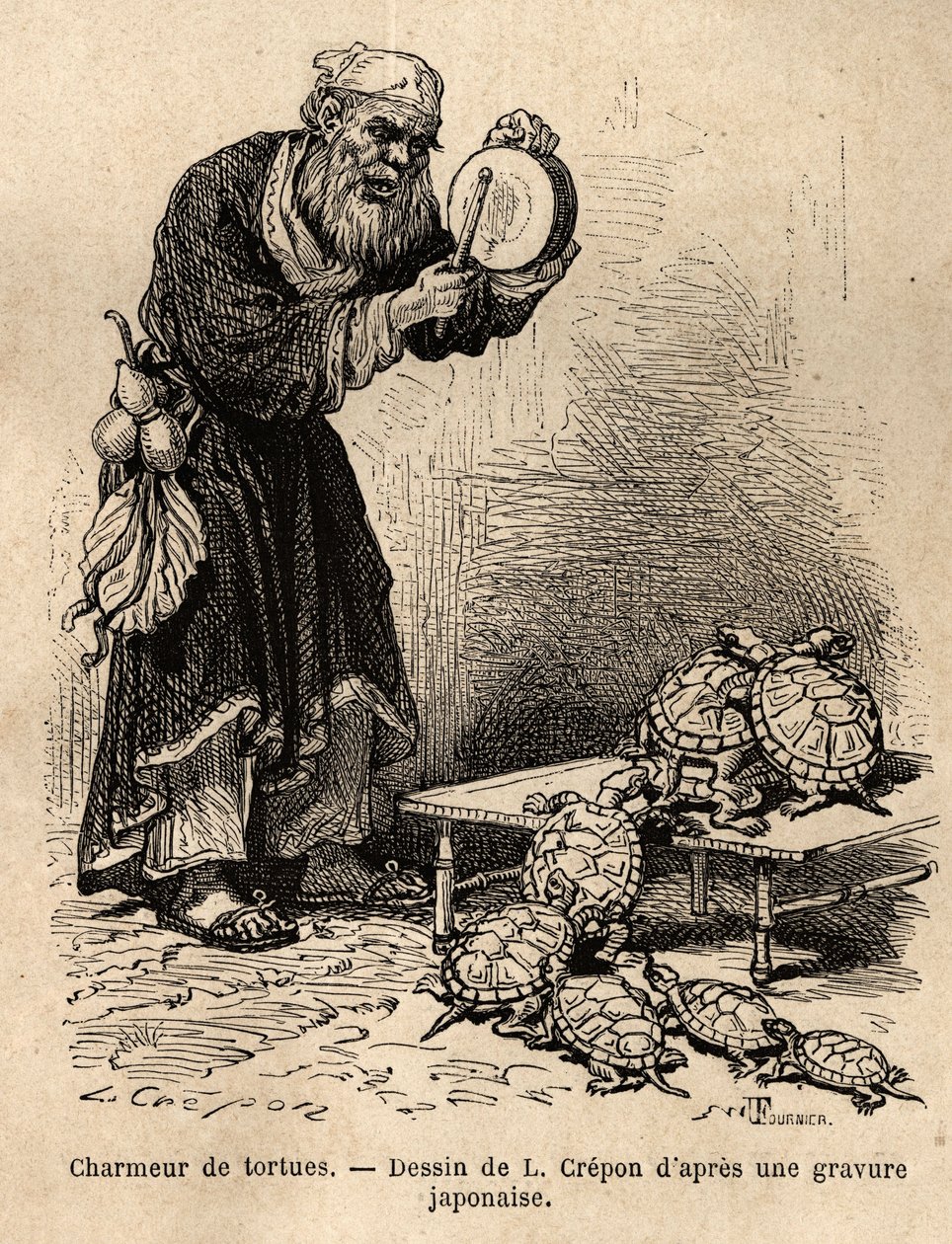 Een schildpadbetoveraar, behorend tot de tussentijdse jam tussen bedelaars en sprookjesachtige charlatans. Gravure ter illustratie van de reis naar Japan, door Aime Humbert, minister van de Zwitserse Confederatie, in 1863-1864, gepubliceerd in 