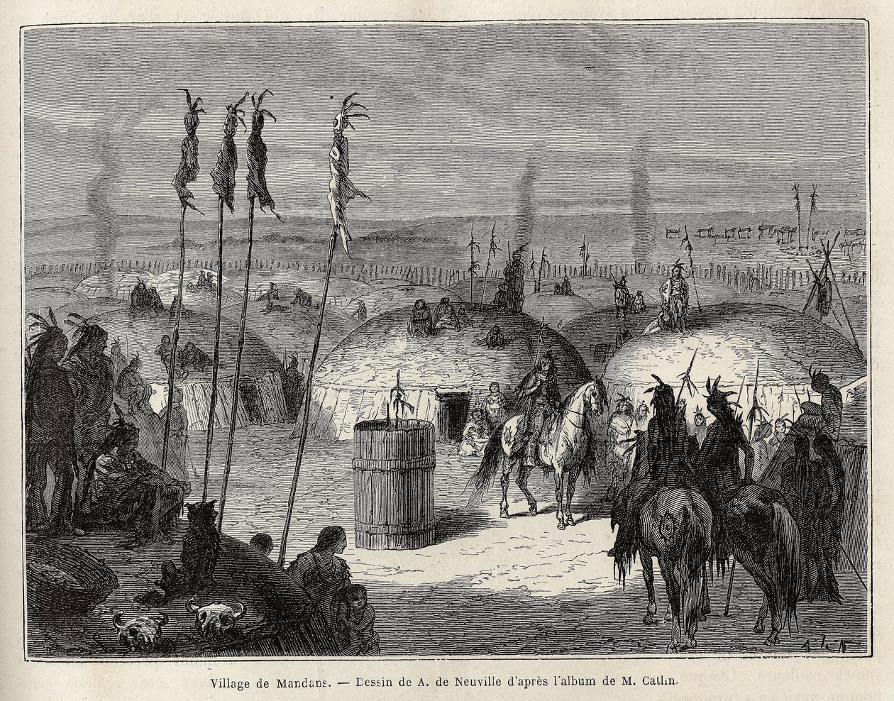 Een dorp van Mandans Indianen (of noumah ka kie: fazanten) op de linkeroever van de Missouri, 600 mijlen van de stad Saint Louis. Gravure ter illustratie van een excursie onder de Indianenstammen van de bekkens van Colombia en Boven-Missouri, door G. Catli door Unknown artist
