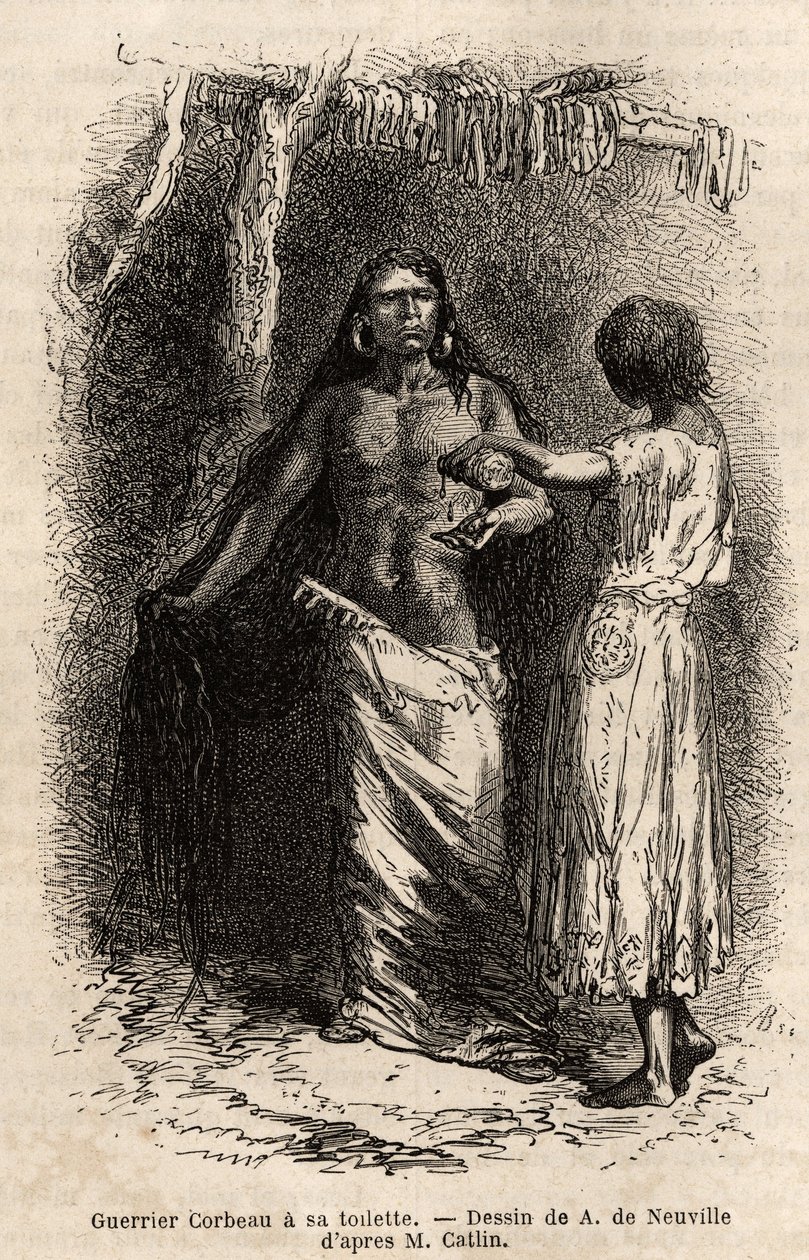Een krijger van de Crow Indianenstam (crows), die langs de Lewis River leeft, doet zijn toilet. Gravure ter illustratie van een excursie onder de Indianenstammen van de bekkens van Colombia en Boven-Missouri, door G. Catlin, in 1855, gepubliceerd in 