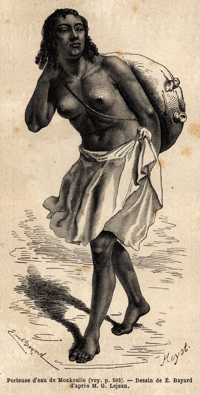 Een waterdrager uit Monkoullo, een Samharische vrouw (Ethiopië), draagt een leren bovenstuk aan een lange palmvezel touw, die ze leegt in een grote kleitank om het beest te drenken. Gravure ter illustratie van de reis naar Abessinië, in 1862 door Guillaume door Unknown artist