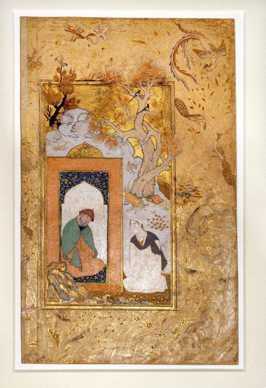 Een jonge man bezoekt een dervich (gouache en goud op papier) door Unknown artist