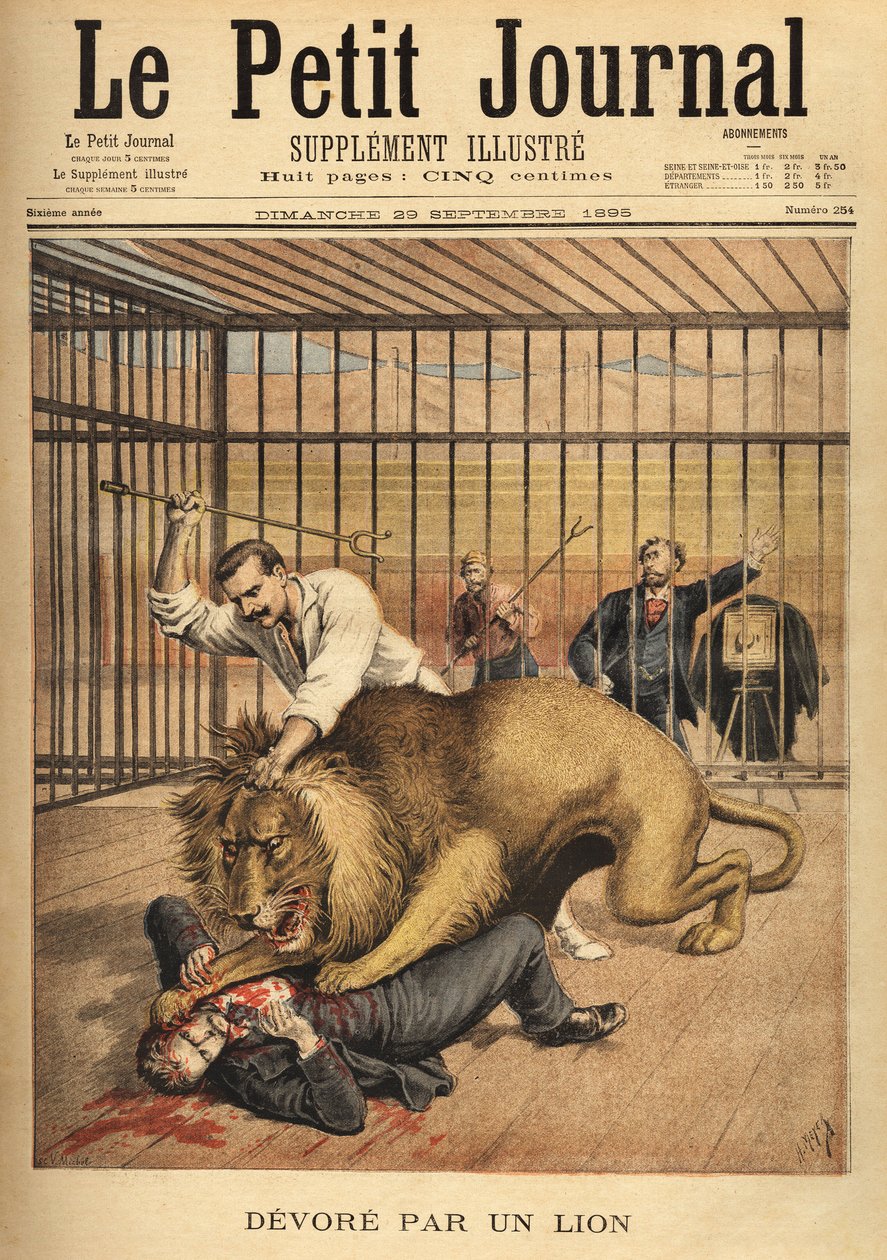 Een jonge man, die gefotografeerd wil worden in de kooi van een leeuw, wordt verslonden door Unknown artist