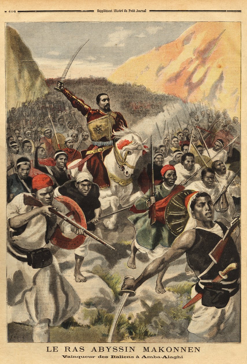 Abyssinische ras Ras Makonnen (Mekonnen Welde Mikael) (Abba Qagnew) (1852-1906), krijgsheer en rechterhand van keizer Menelik II (1844-1913), met zijn troepen, winnaar van Amba Alaghi, van het Italiaanse leger onder bevel van majoor Toselli. Gravure in 
