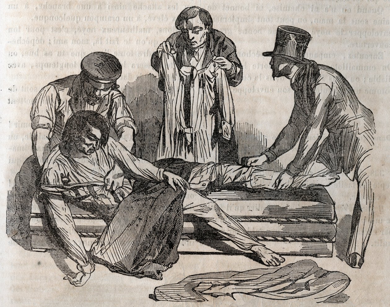 Ongevallen geneeskunde - over de meest effectieve hulp aan drenkelingen - om zo snel mogelijk uit te kleden, moet je de natte kleding scheuren - gravure in 