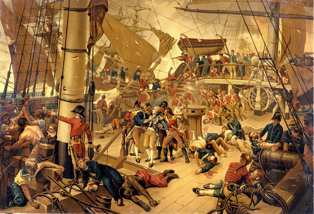Admiraal Nelson zwaar gewond op de Victory Bridge tijdens de Slag bij Trafalgar op 21/10/1805 door Unknown artist