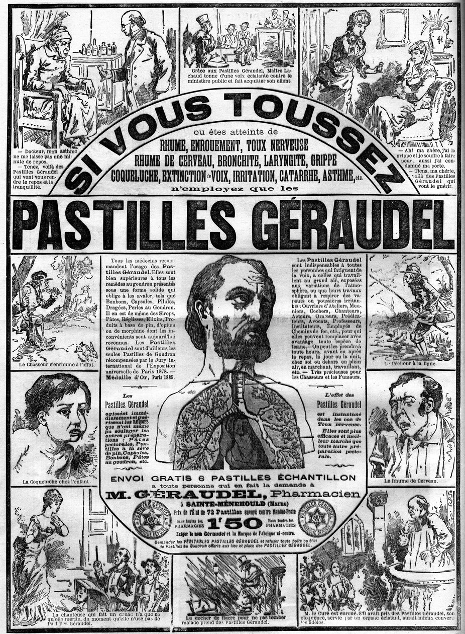 Reclame voor Geraudel-tabletten door apotheker Arthur Geraudel (1841-1906) in Sainte-Menehould tegen hoest. Gravure in 