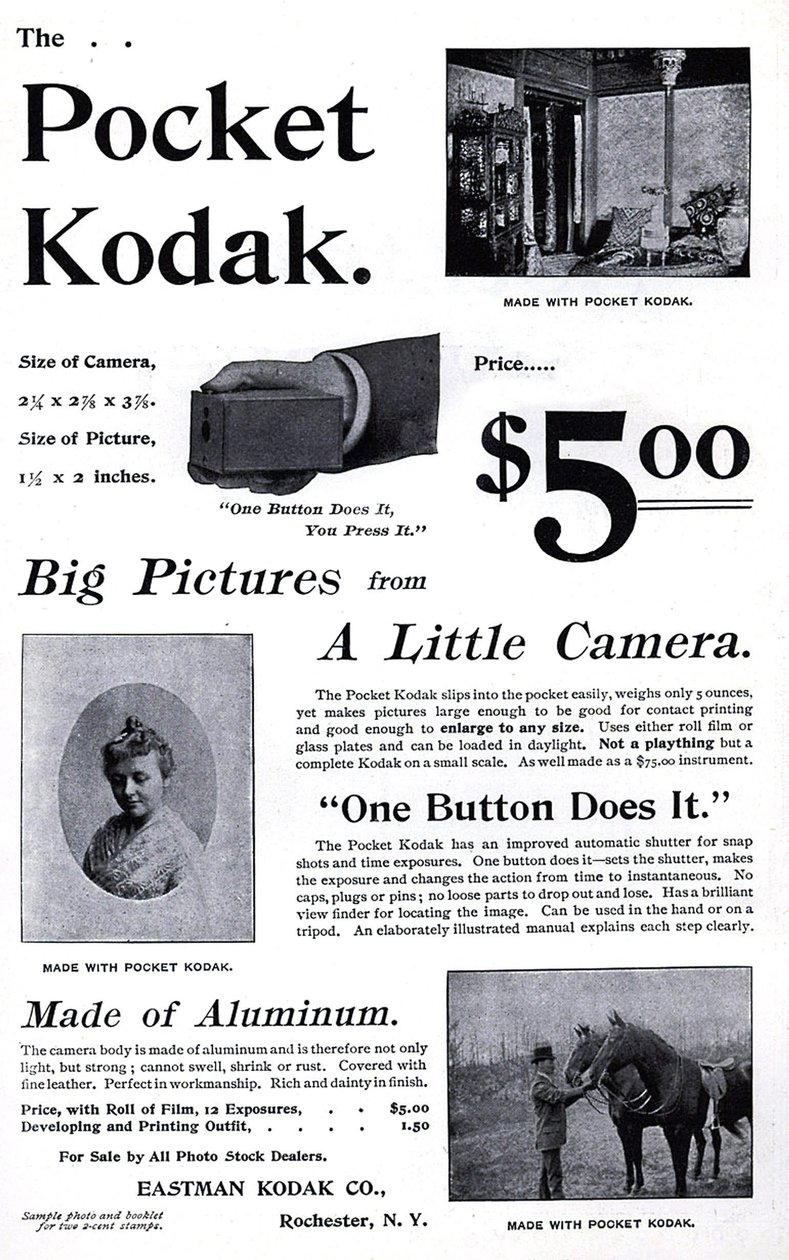 Reclame voor de Kodak zakcamera. (Pocket Kodak) 1895. Privécollectie. door Unknown artist