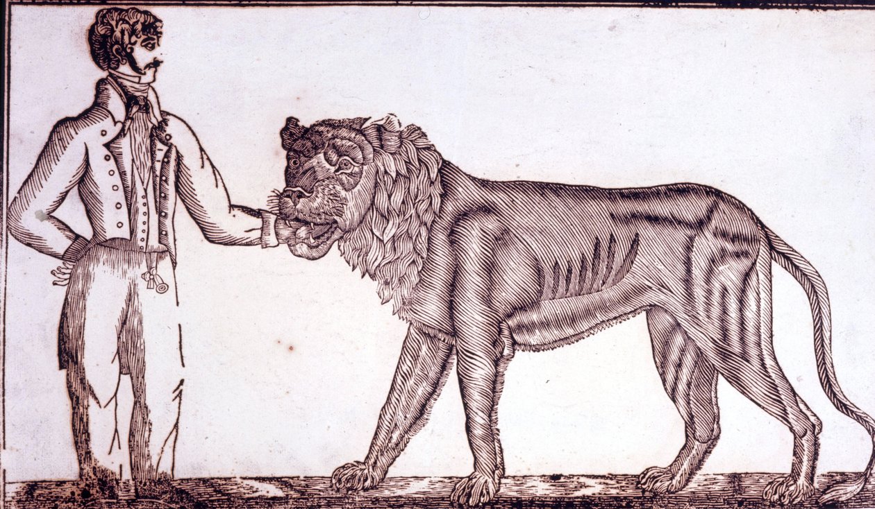 Reclame voor het circus in 1800 met een temmer die zijn hand in de mond van een leeuw steekt door Unknown artist