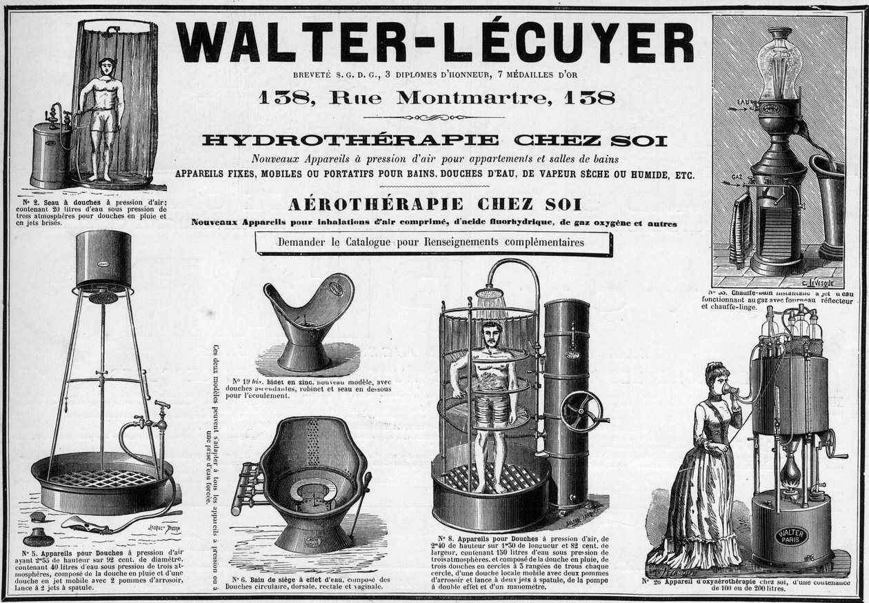 Reclame uit 1889 voor mobiele armaturen voor baden, douches, droog of natte stoom, bidet, merk Walter-Lecuyer door Unknown artist