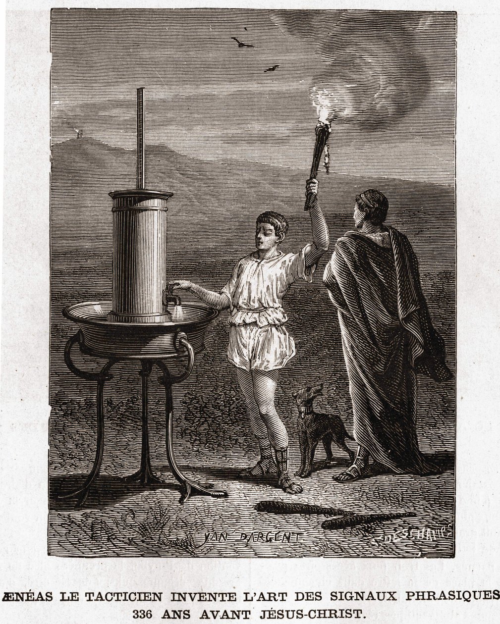 Aeneas de Tacticus bedenkt de kunst van signaaloverdracht, 366 v.Chr. Gravure 19e eeuw, Bianchetti collectie door Unknown artist