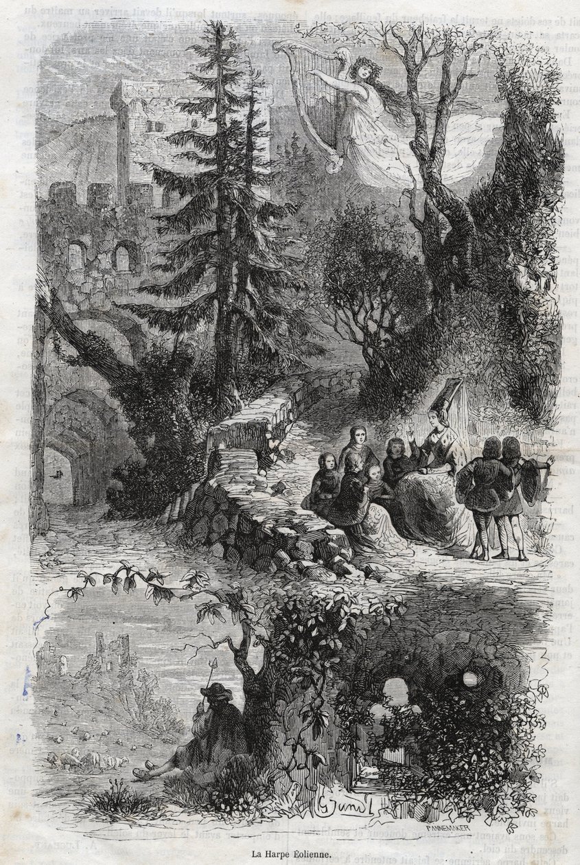 Aeolische harp - windharp - Arpa eolia - Windharp - muziekinstrument bespeeld door de wind - gravure uit 1860 door Unknown artist