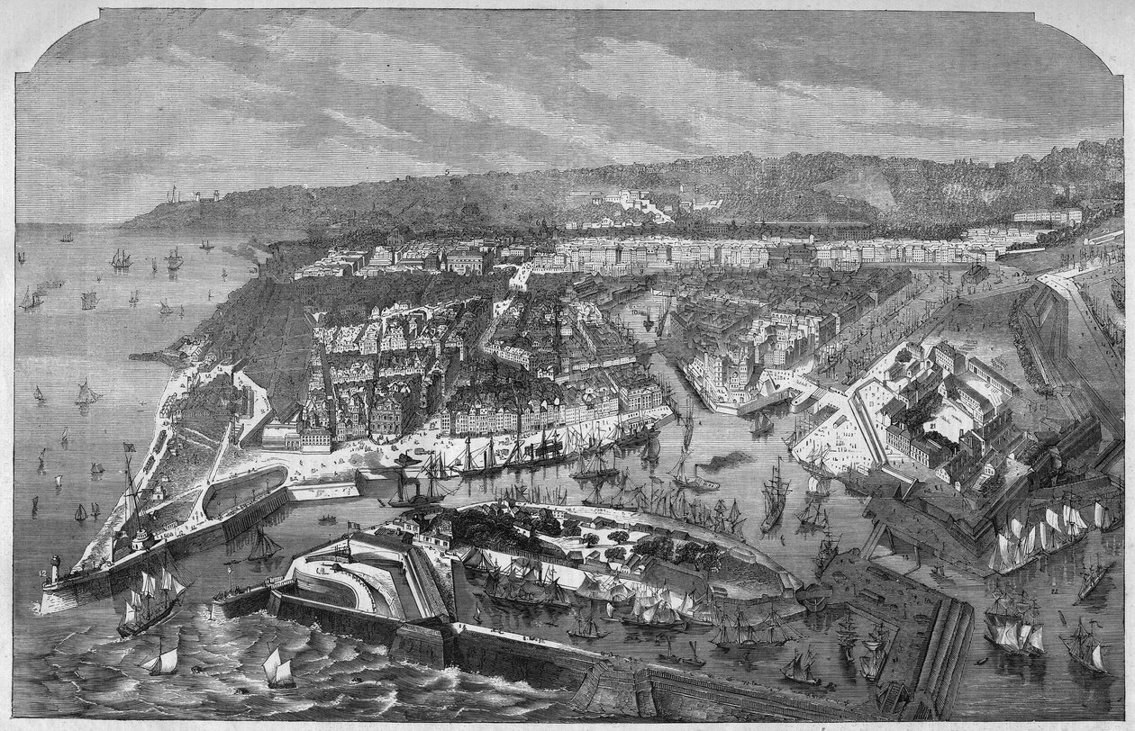 Luchtfoto van de haven en de stad Le Havre, Seine-Maritime, Normandië, Frankrijk. Gravure in "L