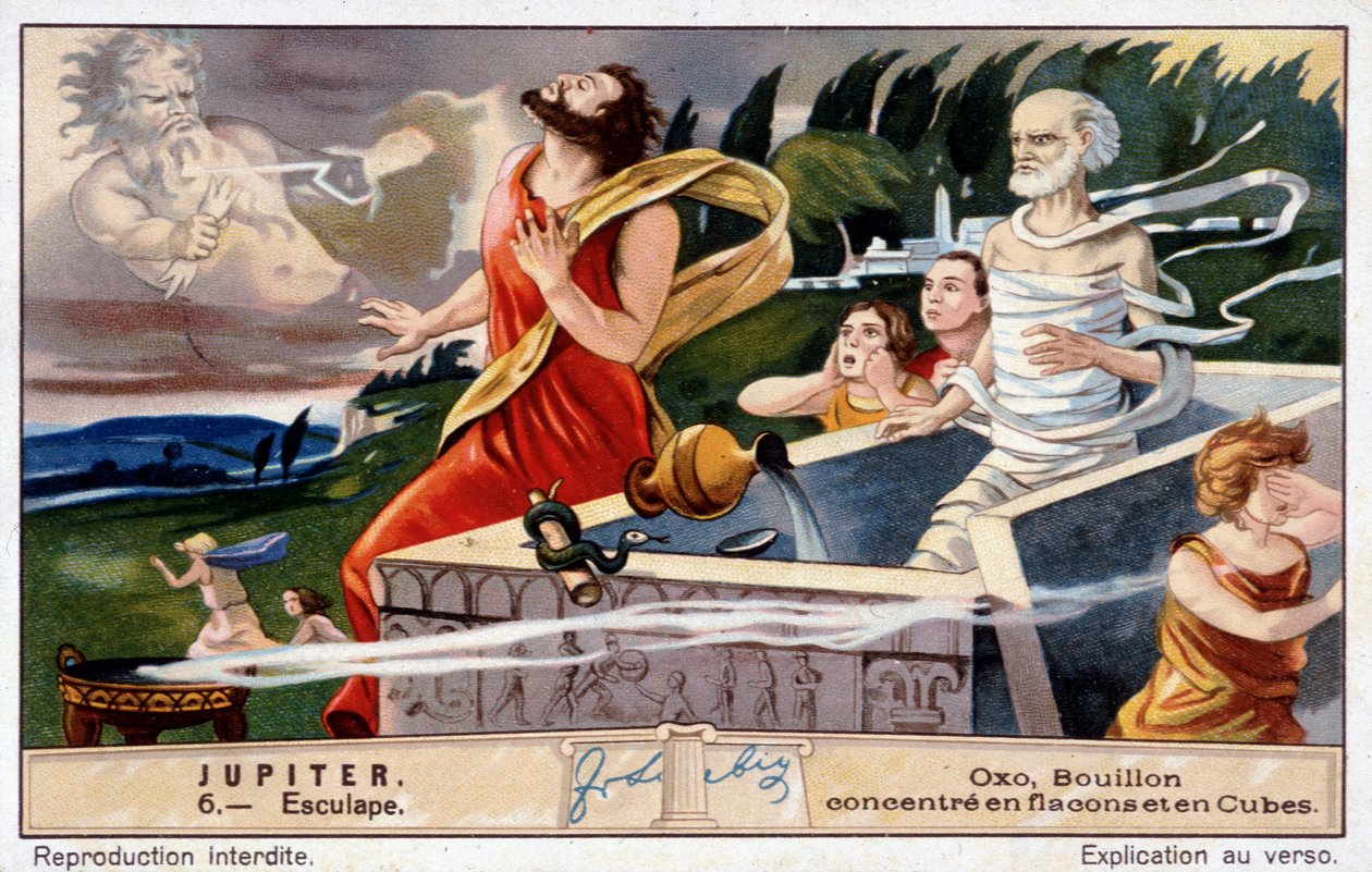 Aesculapus sterft, getroffen door Jupiter, voor het opwekken van de doden - Oxo chromolithografie, geproduceerd door Liebig door Unknown artist