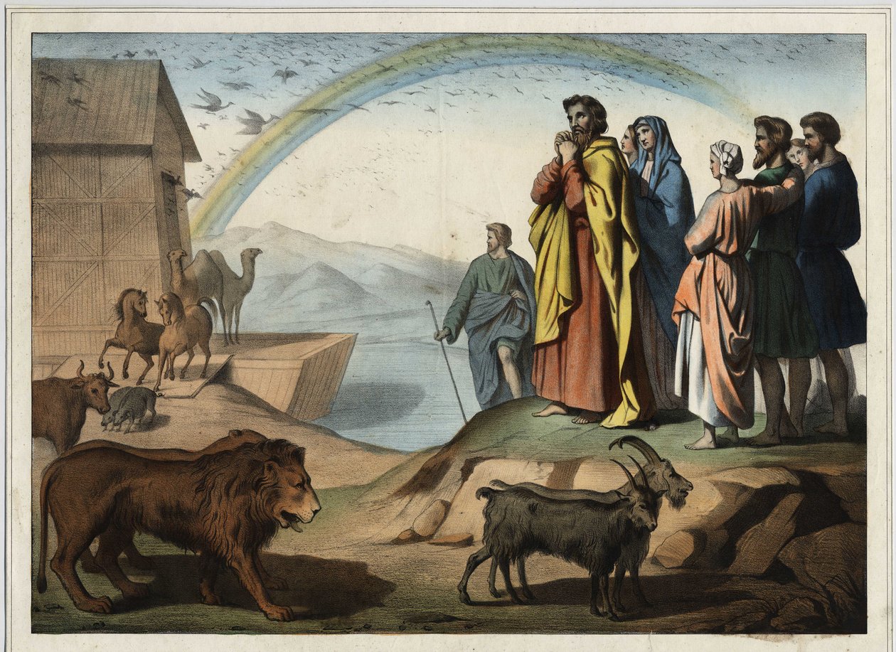 Na de zondvloed dalen de dieren af van de ark. Rechts: Noach, zijn vrouw, zijn drie zonen (Sem, Cham en Jafet) en hun vrouwen. Onderaan de regenboog (symbool van de orde van de schepping tussen Noach en God). Anonieme gravure uit het midden van de 19e eeuw door Unknown artist