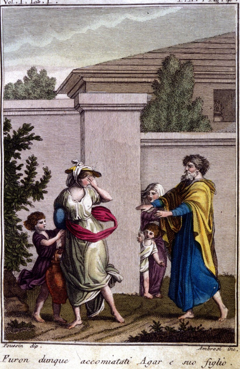 Agar en Ismaël werden verdreven door Abraham: Agar, die werd weggestuurd, ging met haar zoon, Ismaël, na de geboorte van Isaac. Gravure uit het begin van de 19e eeuw door Unknown artist