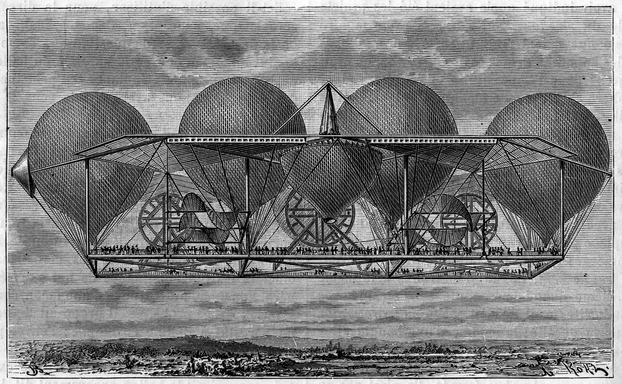 Luchtschipproject van uitvinder Ernest Petin (1812-1878). Gravure in 