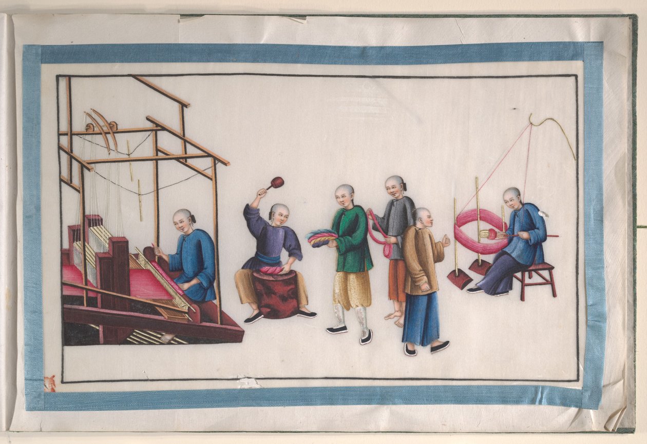 Album met twaalf schilderijen van mensen die zijde maken door Unknown Artist