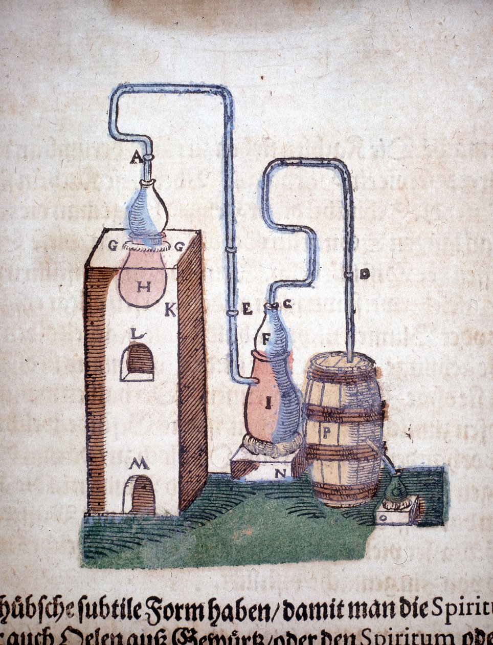 Alchemie: apparaat voor distillatie, uit een boek van Pietro Andrea Mattioli (Matthiole) (1500-1577). Frankfurt door Unknown artist