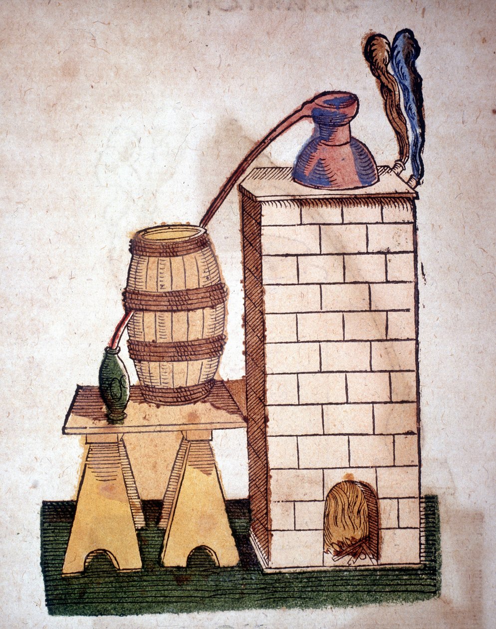 Alchemie: apparaat voor distillatie. Gravure uit een boek van Pietro Andrea Mattioli (Matthiole) (1500-1577). Frankfurt door Unknown artist