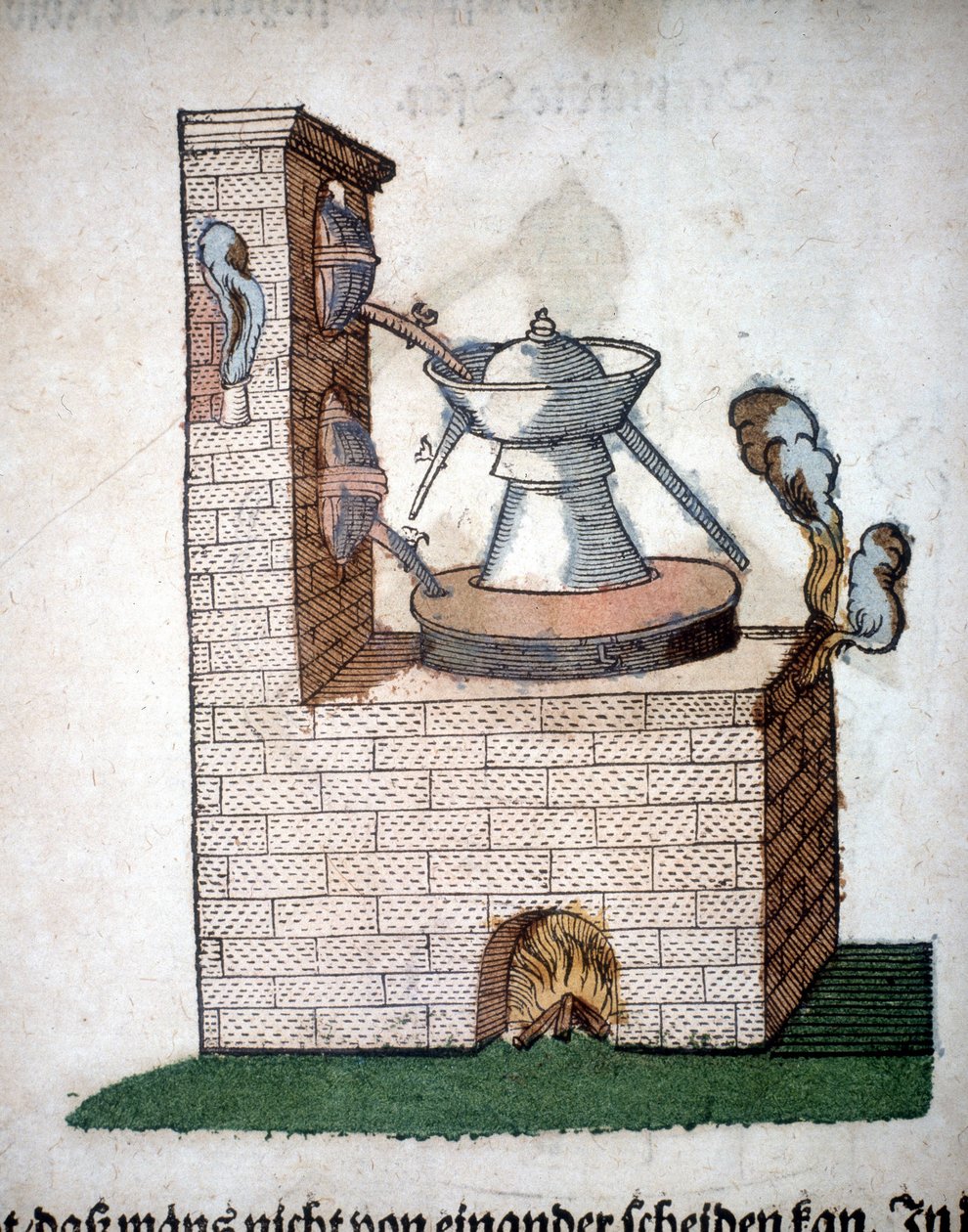 Alchemie: apparaat voor distillatie, uit een boek van Pietro Andrea Mattioli (Matthiole) (1500-1577). Frankfurt door Unknown artist