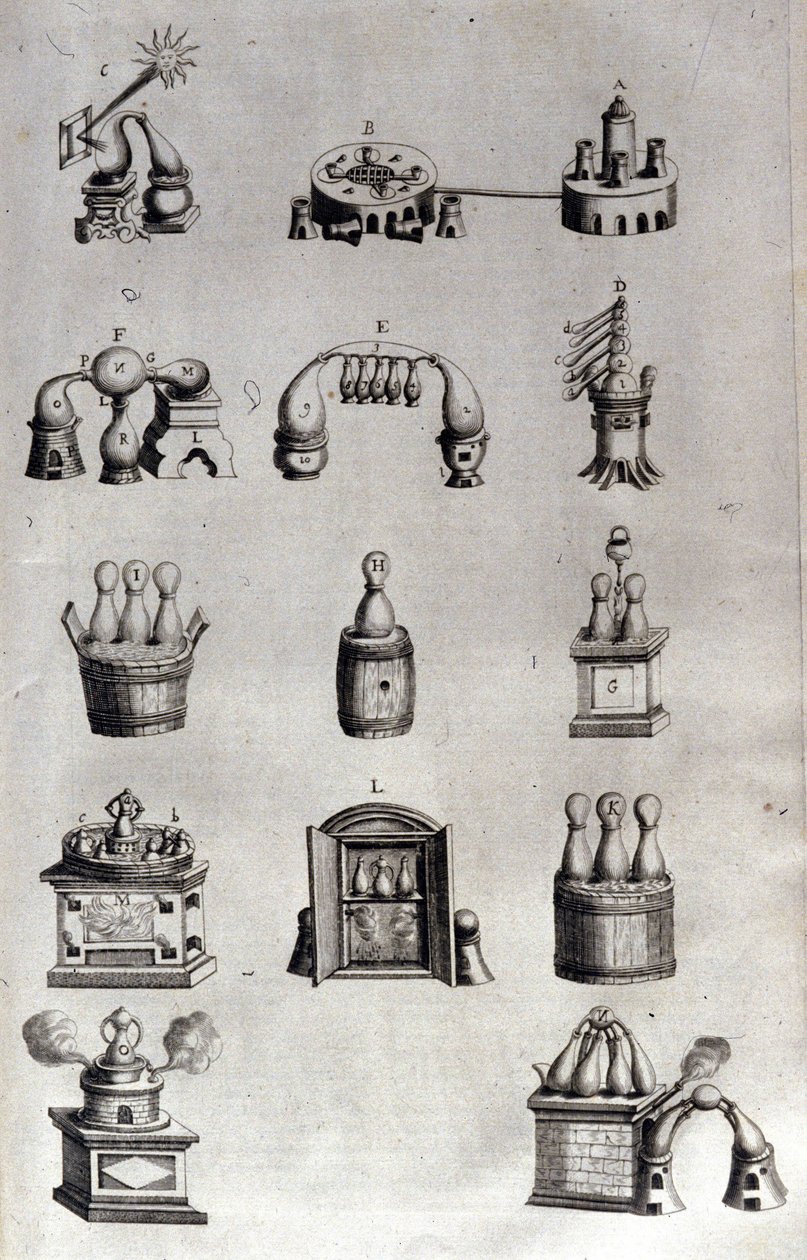 Alchemie: bord dat verschillende modellen van distillatieapparatuur en ketels voorstelt. Athanase Kircher (of Athanasius Kircheri 1602-1680), Duitse jezuïet. Gravure uit de 17e eeuw. door Unknown artist
